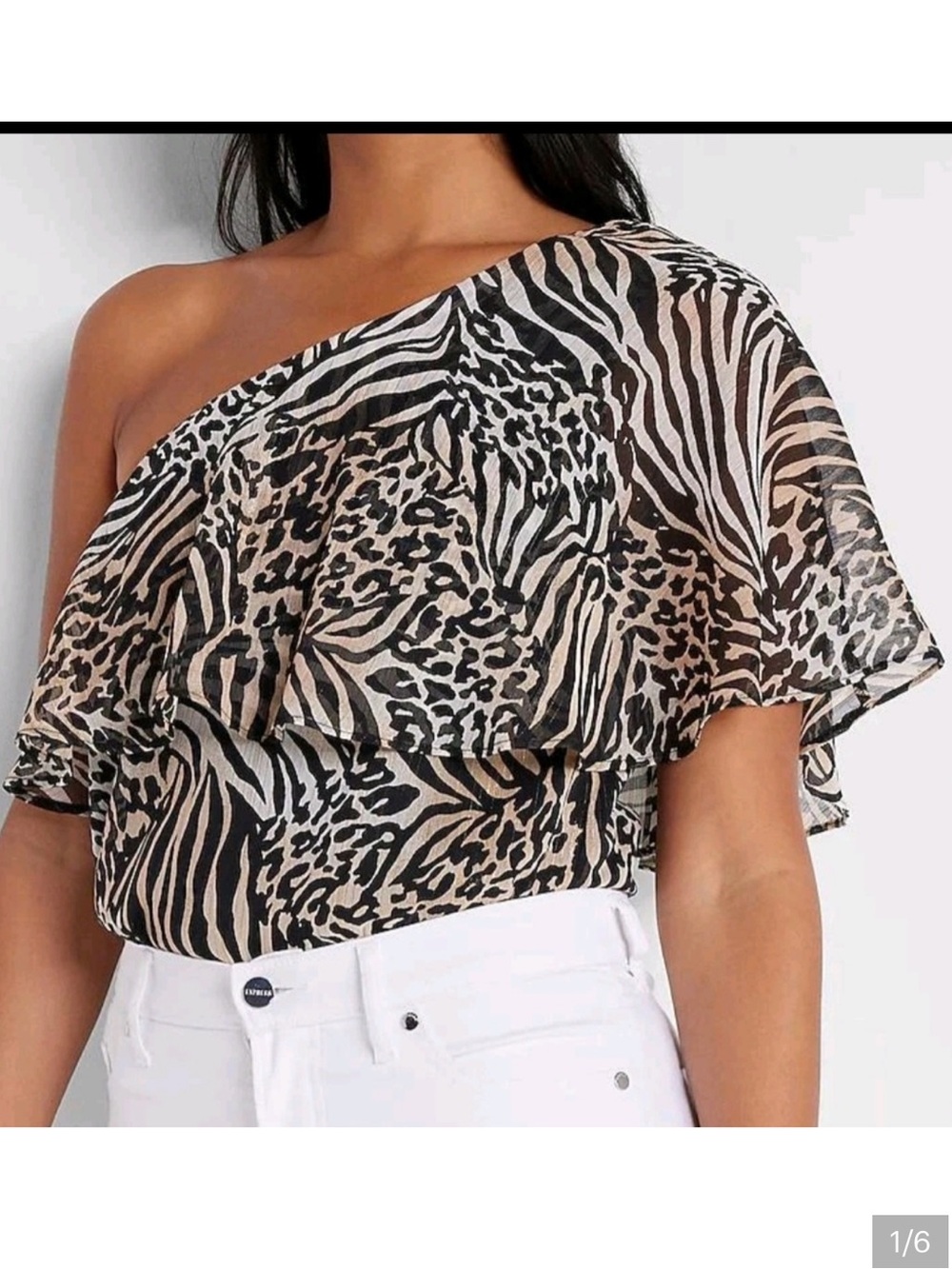 Express One-Shoulder Animal Print Crop Top - Black and Cream